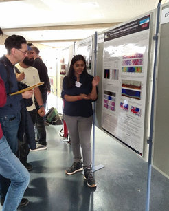 A young scientist at image center, in front of her poster to the right. She looks and points towards the poster. To her left, three men listen to her explaining.